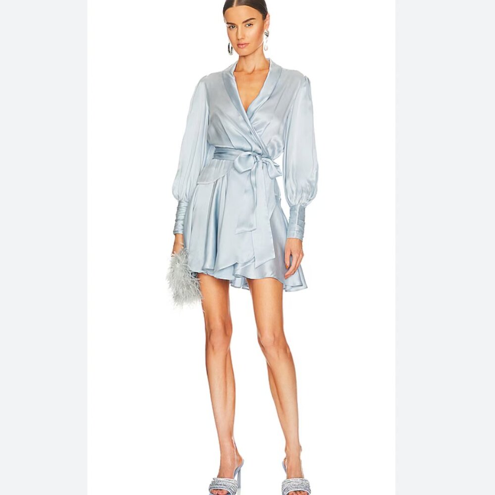 ZIMMERMANN Baby Light Blue 100% Silk Mini Wrap Dress Size 3 Large US 6 8 10